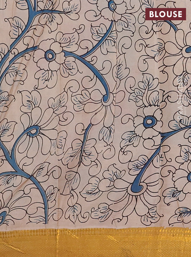 Kalamkari semi silk saree cs blue and mustard yellow with allover prints and zari woven border