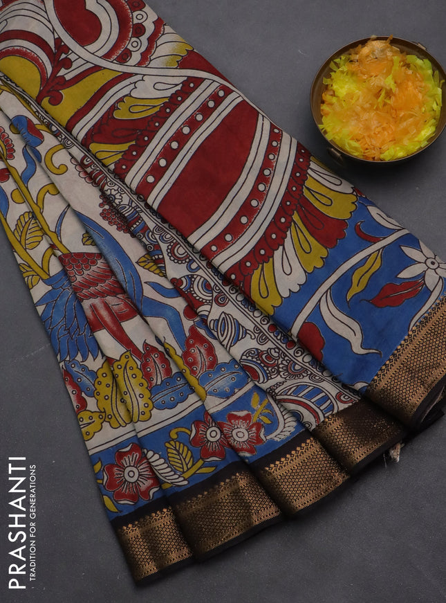 Kalamkari semi silk saree beige and black with allover prints and zari woven border