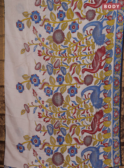 Kalamkari semi silk saree beige and black with allover prints and zari woven border