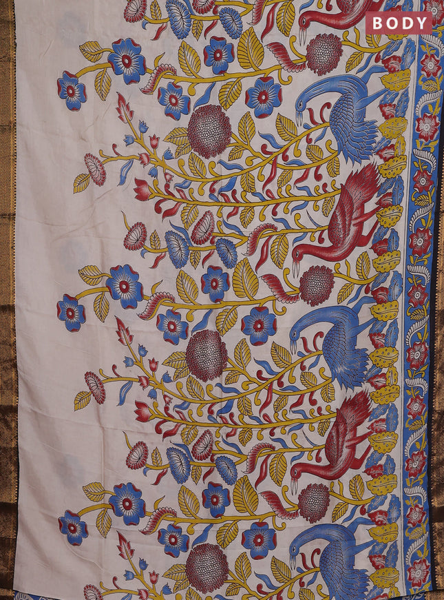 Kalamkari semi silk saree beige and black with allover prints and zari woven border