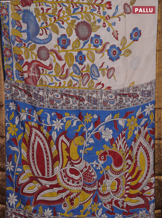 Kalamkari semi silk saree beige and black with allover prints and zari woven border