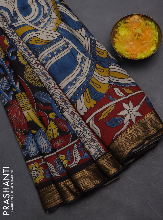 Kalamkari semi silk saree black and maroon with allover prints and zari woven border