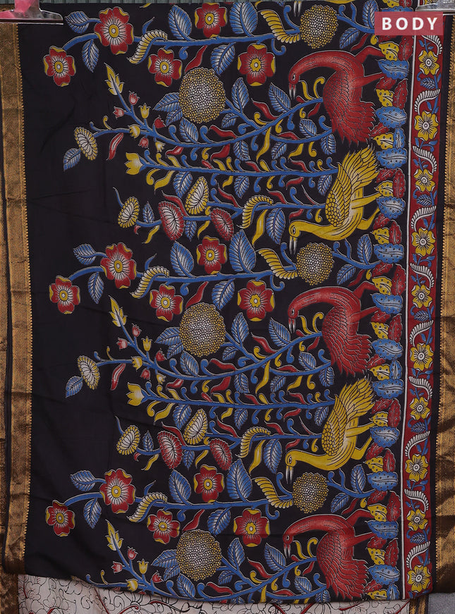 Kalamkari semi silk saree black and maroon with allover prints and zari woven border