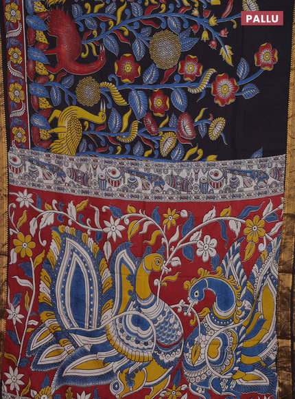 Kalamkari semi silk saree black and maroon with allover prints and zari woven border