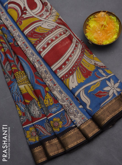 Kalamkari semi silk saree maroon and blue black with allover prints and zari woven border