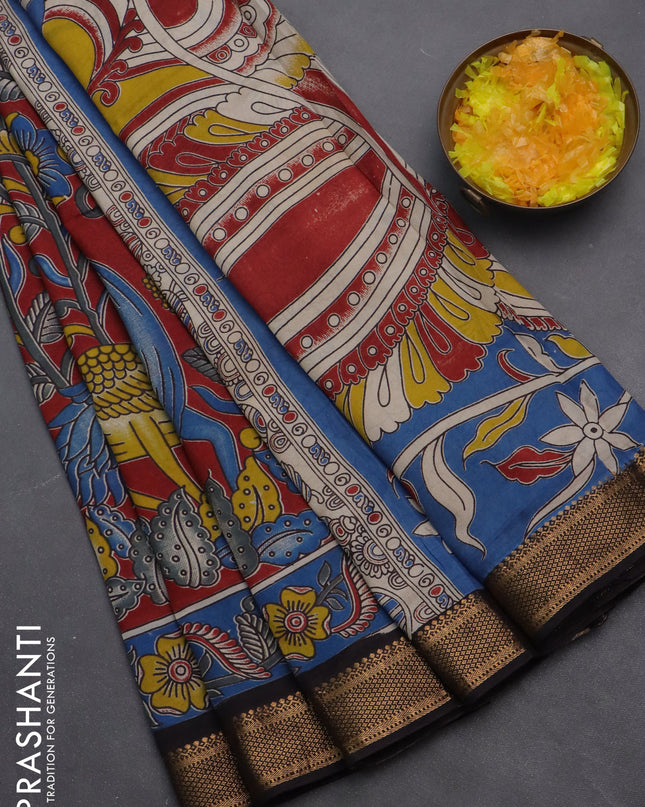 Kalamkari semi silk saree maroon and blue black with allover prints and zari woven border