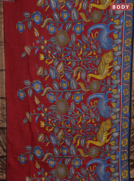 Kalamkari semi silk saree maroon and blue black with allover prints and zari woven border