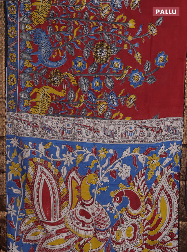 Kalamkari semi silk saree maroon and blue black with allover prints and zari woven border