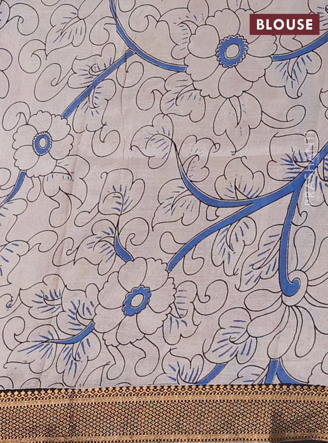 Kalamkari semi silk saree maroon and blue black with allover prints and zari woven border