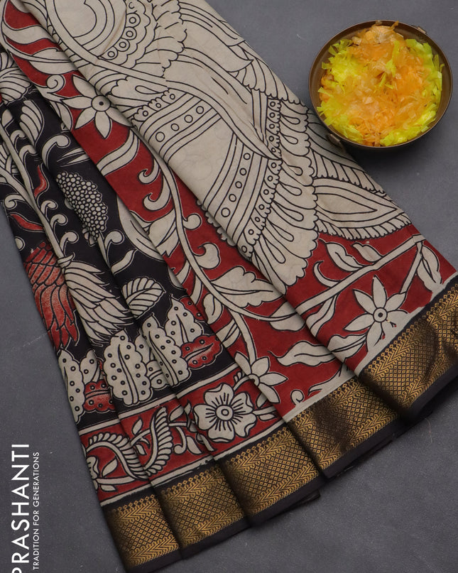 Kalamkari semi silk saree black and maroon with allover prints and zari woven border