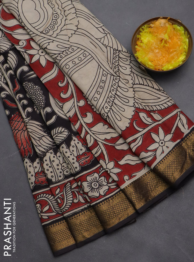 Kalamkari semi silk saree black and maroon with allover prints and zari woven border