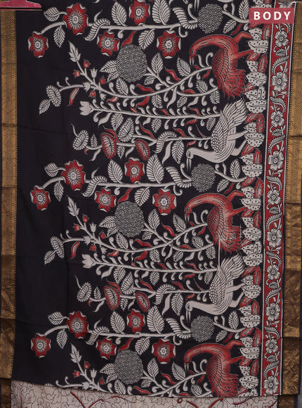 Kalamkari semi silk saree black and maroon with allover prints and zari woven border
