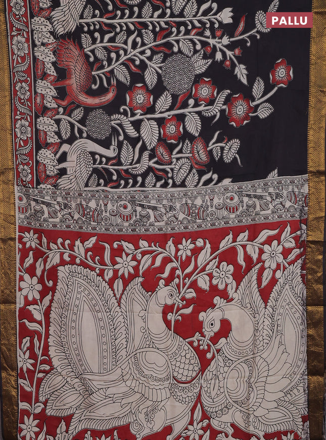 Kalamkari semi silk saree black and maroon with allover prints and zari woven border