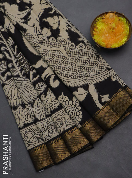 Kalamkari semi silk saree black and beige with allover prints and zari woven border