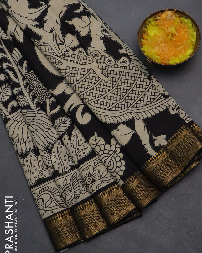 Kalamkari semi silk saree black and beige with allover prints and zari woven border