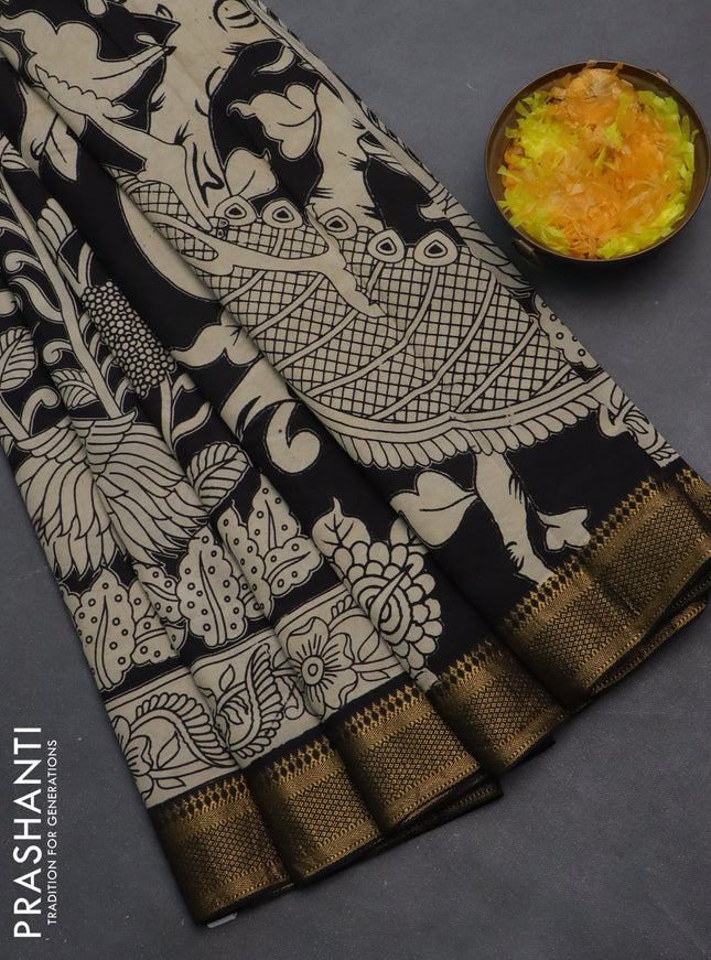 Kalamkari semi silk saree black and beige with allover prints and zari woven border