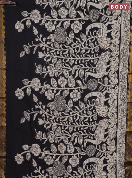 Kalamkari semi silk saree black and beige with allover prints and zari woven border