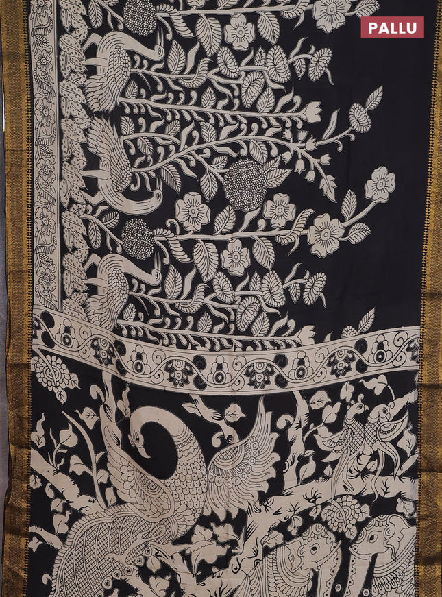 Kalamkari semi silk saree black and beige with allover prints and zari woven border