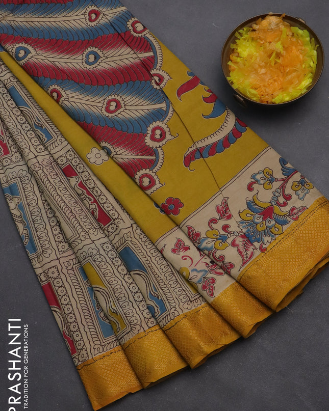 Kalamkari semi silk saree multi colour and mustard yellow with allover pichwai prints and zari woven border