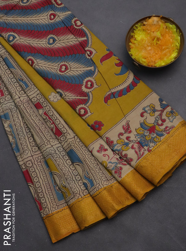 Kalamkari semi silk saree multi colour and mustard yellow with allover pichwai prints and zari woven border
