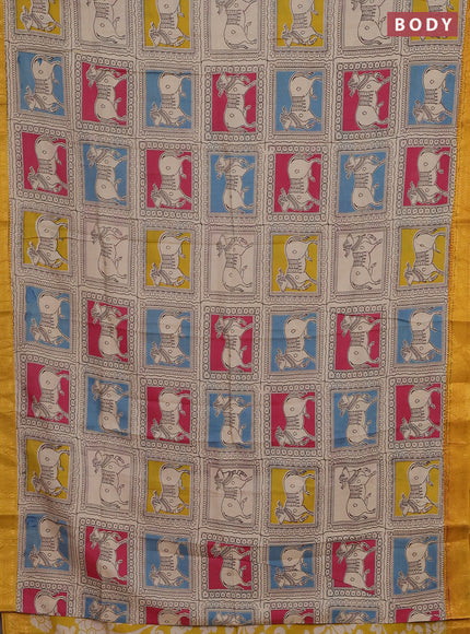 Kalamkari semi silk saree multi colour and mustard yellow with allover pichwai prints and zari woven border
