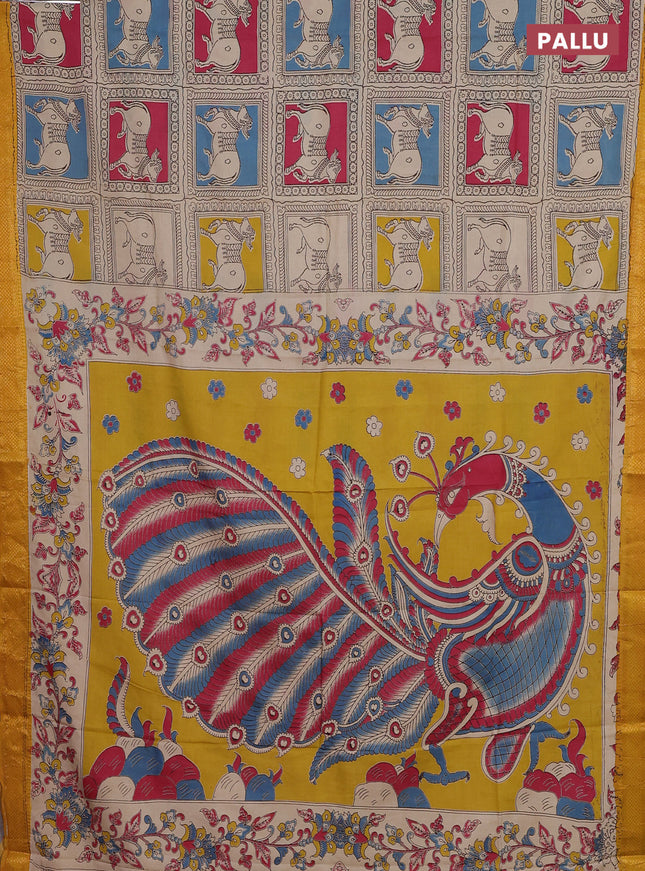 Kalamkari semi silk saree multi colour and mustard yellow with allover pichwai prints and zari woven border