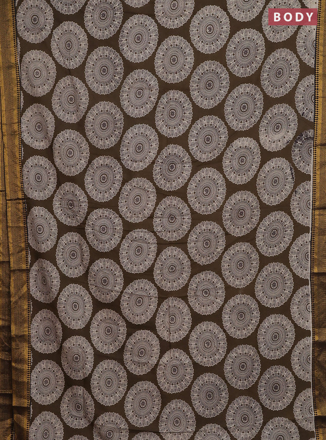 Kalamkari semi silk saree dark olive green and black with allover prints and zari woven border