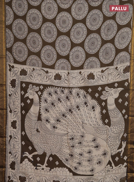 Kalamkari semi silk saree dark olive green and black with allover prints and zari woven border