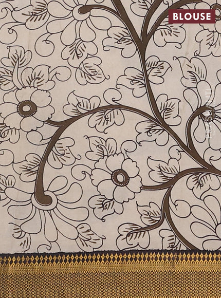 Kalamkari semi silk saree dark olive green and black with allover prints and zari woven border