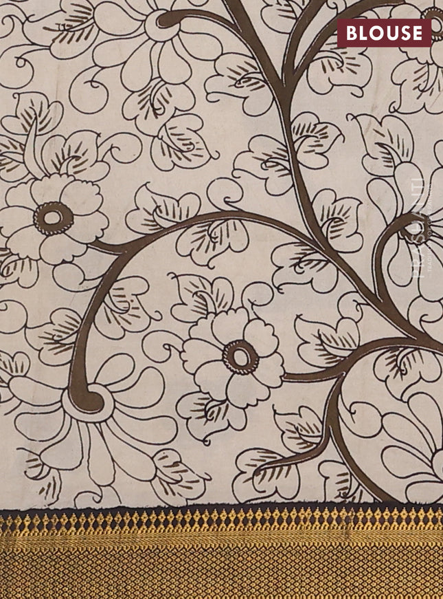 Kalamkari semi silk saree dark olive green and black with allover prints and zari woven border