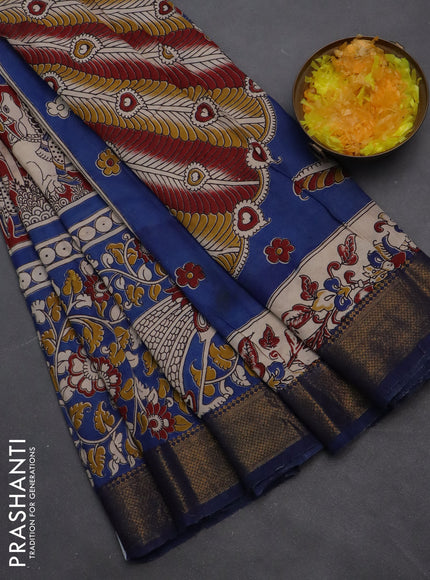 Kalamkari semi silk saree maroon and blue with allover prints and zari woven border
