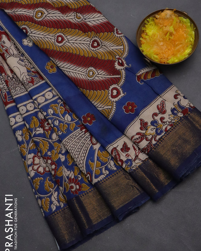 Kalamkari semi silk saree maroon and blue with allover prints and zari woven border