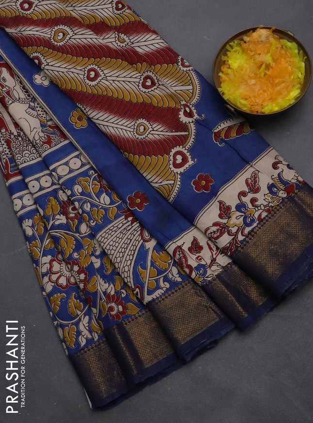 Kalamkari semi silk saree maroon and blue with allover prints and zari woven border