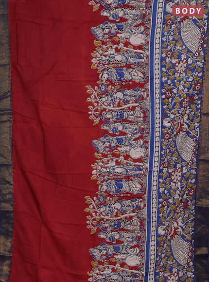 Kalamkari semi silk saree maroon and blue with allover prints and zari woven border
