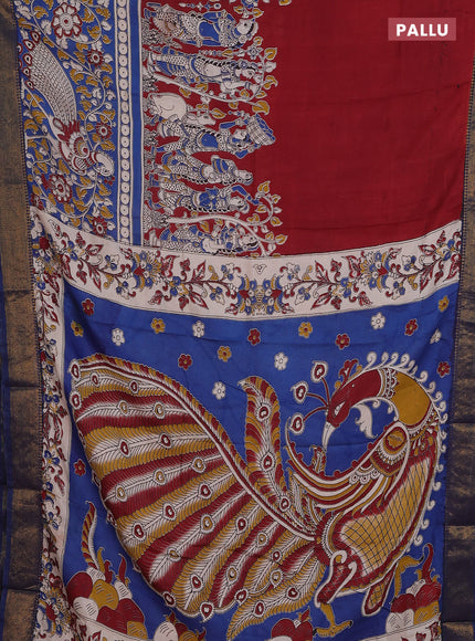 Kalamkari semi silk saree maroon and blue with allover prints and zari woven border