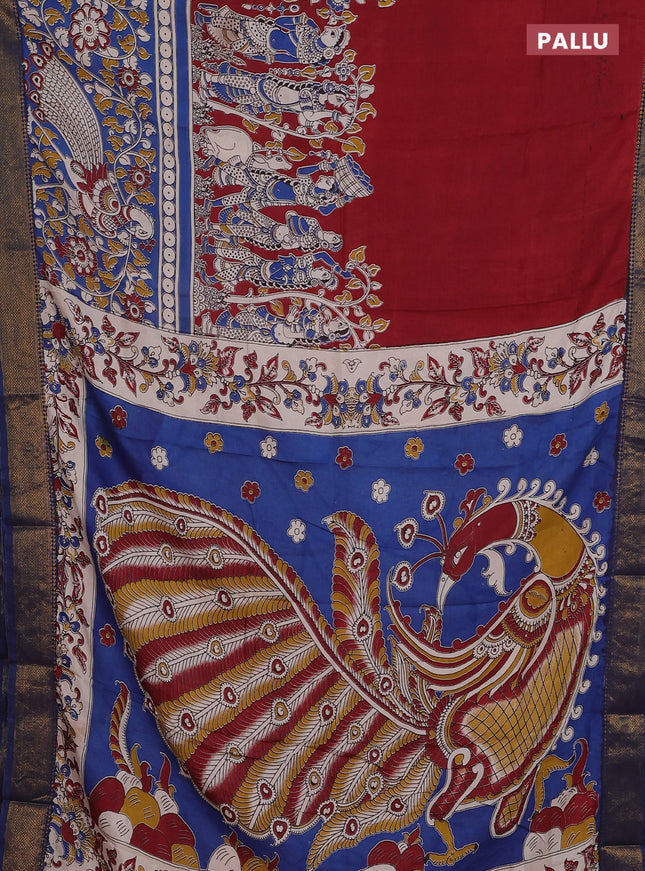 Kalamkari semi silk saree maroon and blue with allover prints and zari woven border