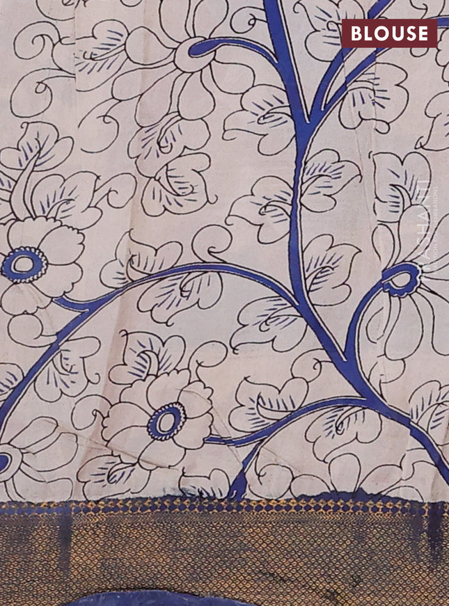 Kalamkari semi silk saree maroon and blue with allover prints and zari woven border