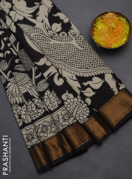 Kalamkari semi silk saree black and beige with allover prints and zari woven border