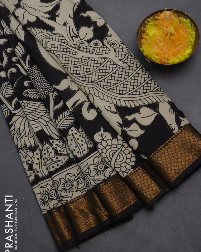Kalamkari semi silk saree black and beige with allover prints and zari woven border