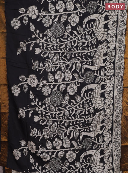 Kalamkari semi silk saree black and beige with allover prints and zari woven border