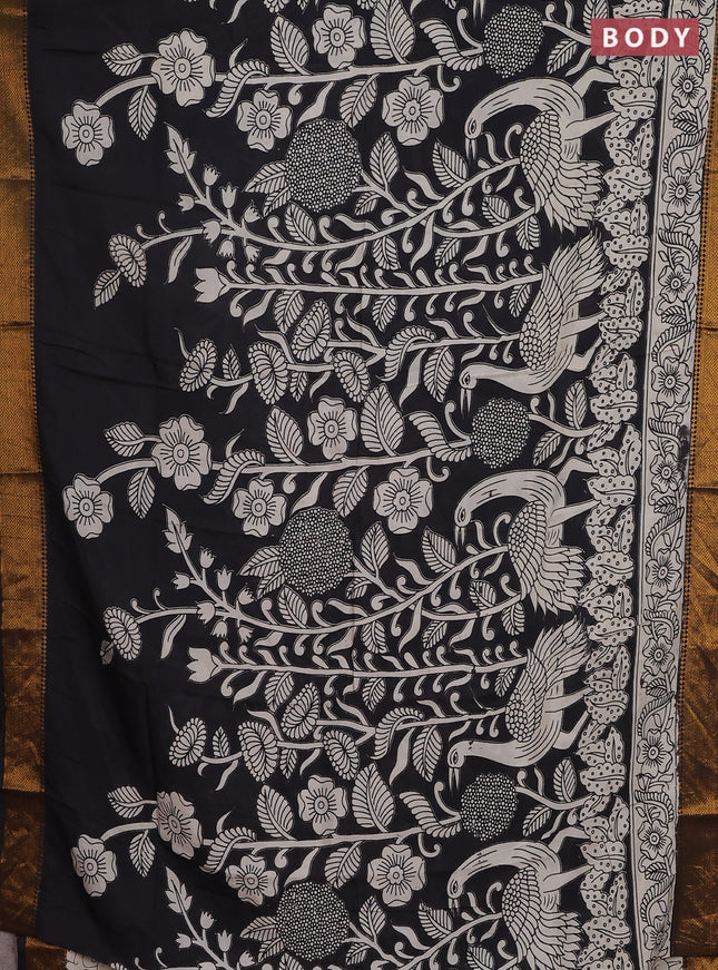 Kalamkari semi silk saree black and beige with allover prints and zari woven border