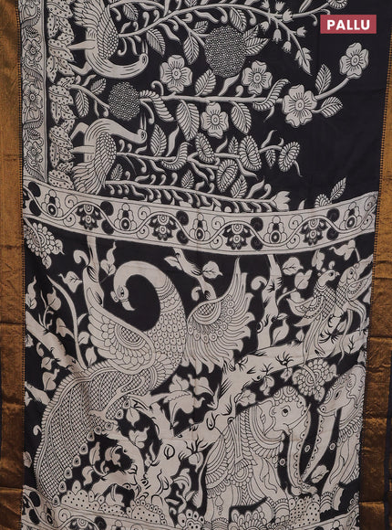 Kalamkari semi silk saree black and beige with allover prints and zari woven border