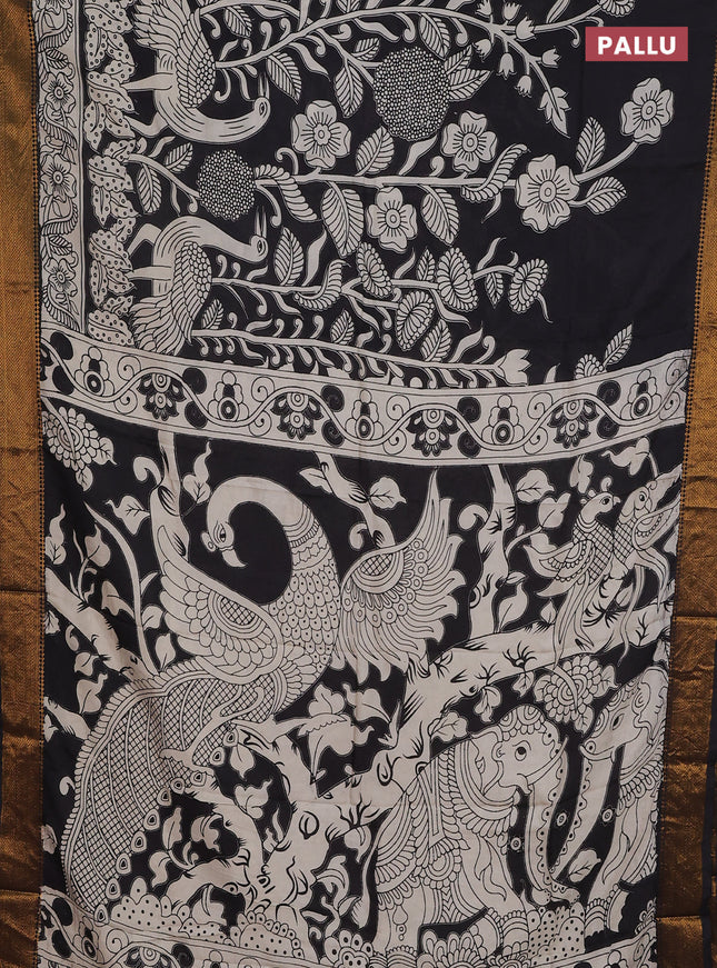 Kalamkari semi silk saree black and beige with allover prints and zari woven border