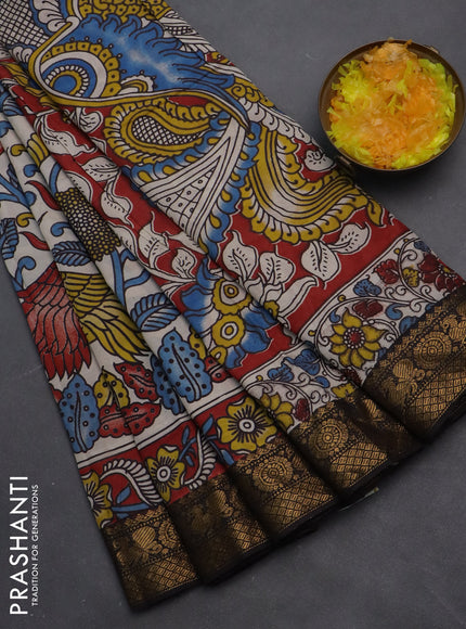 Kalamkari semi silk saree beige and maroon black with allover prints and zari woven border
