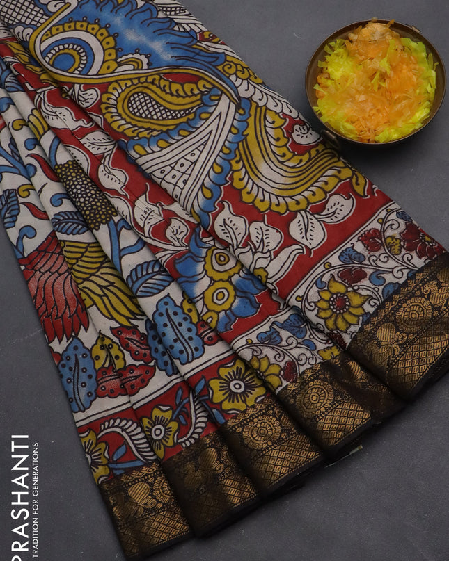Kalamkari semi silk saree beige and maroon black with allover prints and zari woven border