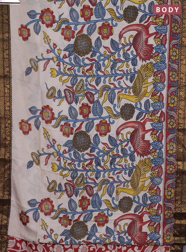 Kalamkari semi silk saree beige and maroon black with allover prints and zari woven border