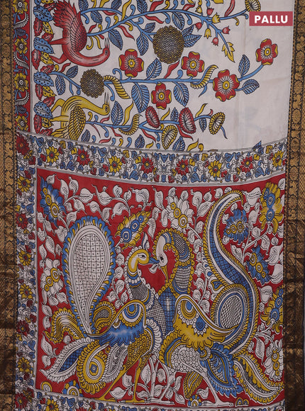Kalamkari semi silk saree beige and maroon black with allover prints and zari woven border