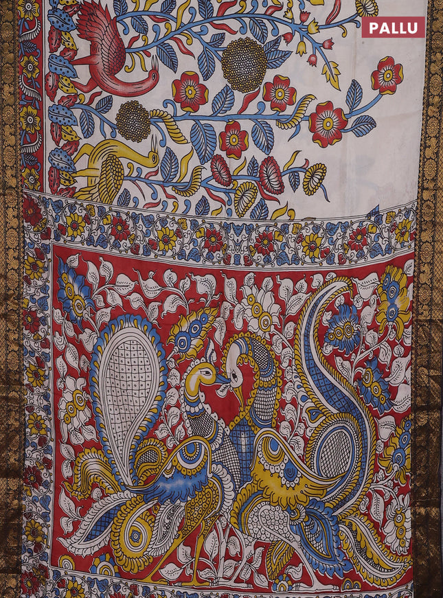 Kalamkari semi silk saree beige and maroon black with allover prints and zari woven border