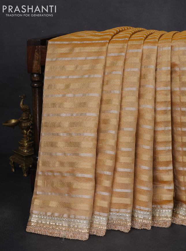Tissue silk saree mustard yellow and yellow with zari weaves & lace work border