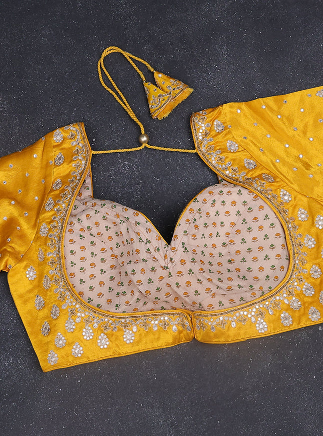 Tissue silk saree mustard yellow and yellow with zari weaves & lace work border